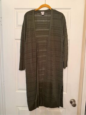 Long Open-Front Olive Green Women's Cardigan Sweater